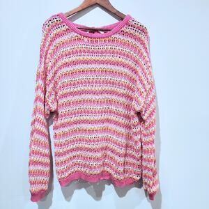Blu Pepper Pink Crochet Stripe Print Bow Back Relaxed Fit Sweater Size Large